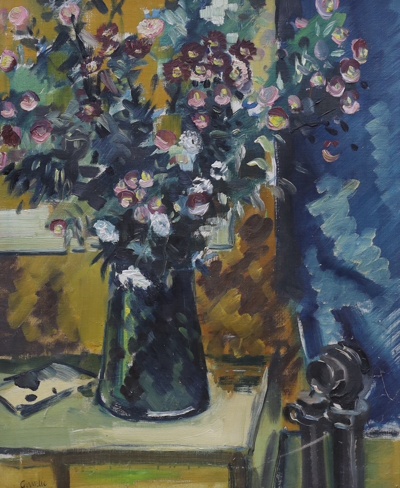 Tom Gourdie (Scottish, 1913-2005), oil on canvas, Still life of flowers on a table top, signed, 50 x 40cm